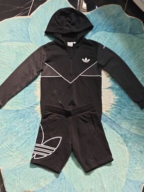 adidas Black Kids Hoodie & Shorts Set with White Trim
